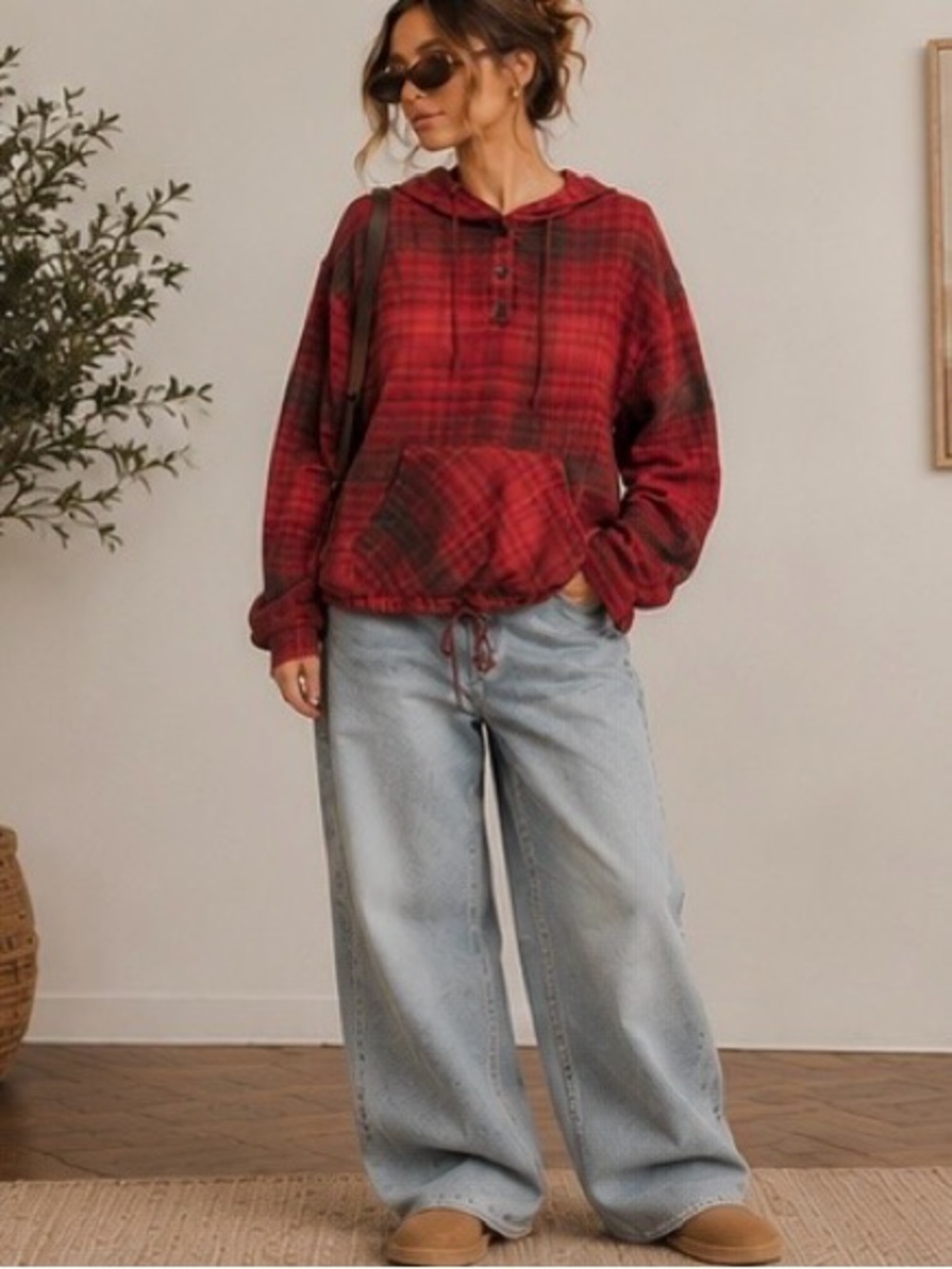 NWT Urban Outfitters Red Plaid Flannel Hoodie Drawstring Hem Henley Top S